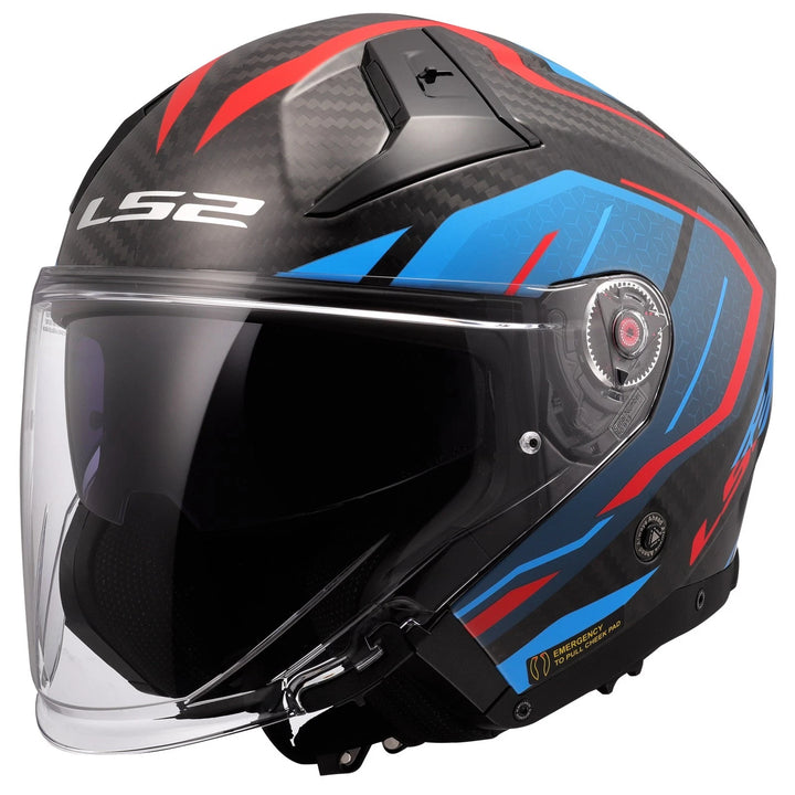 Casco Jet LS2 Infinity II - Carbon Urus Blu-Rosso Lucido