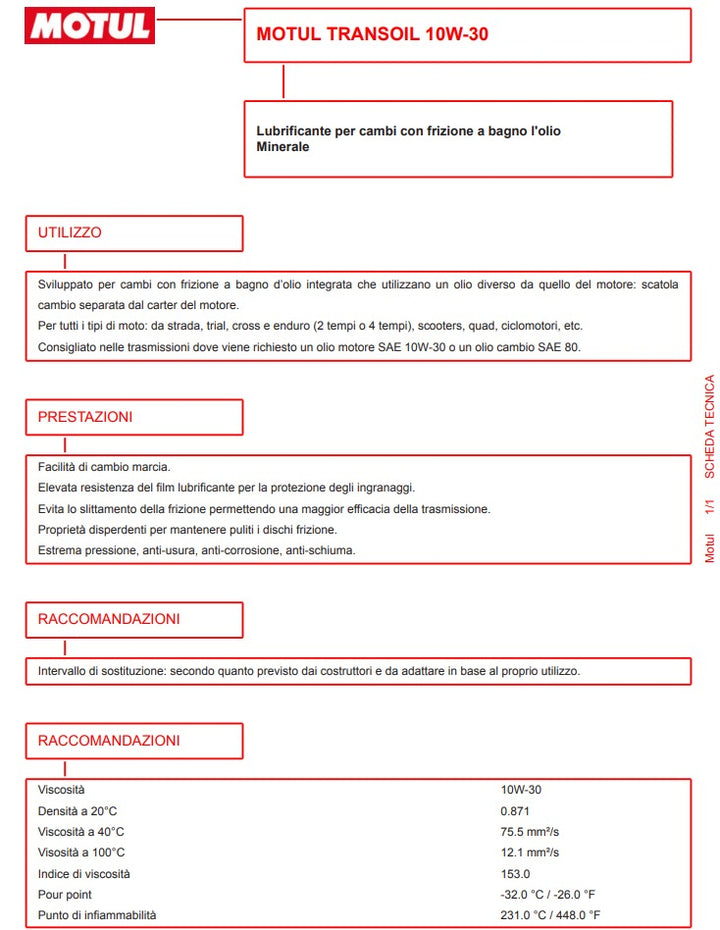 Olio motori TRANSOIL 10W-30 1L - Motul