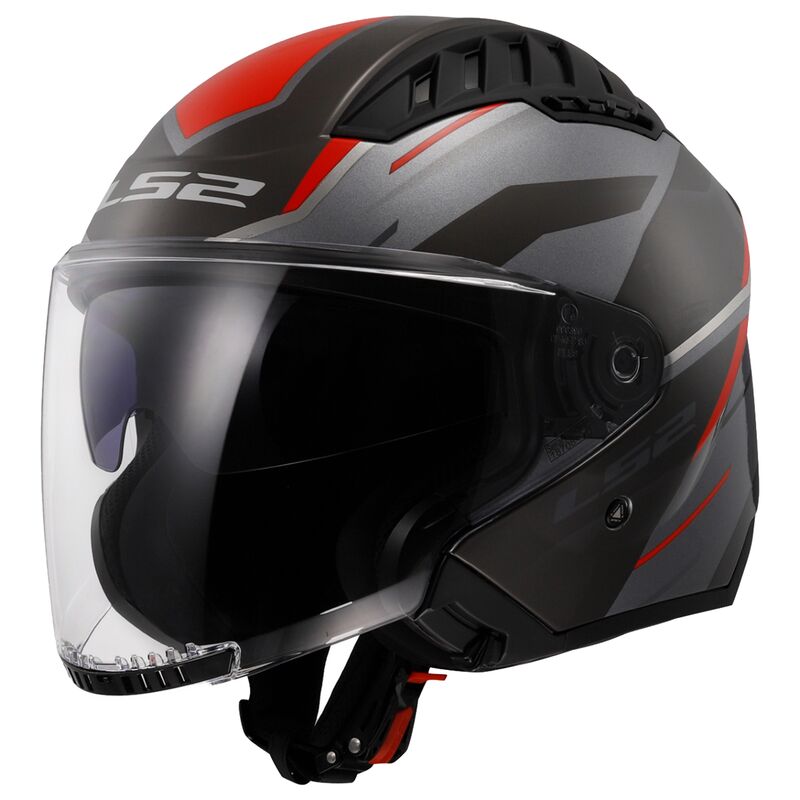 Casco JET LS2 Copter II OF600 Diston - Grey Red - Doppia Visiera