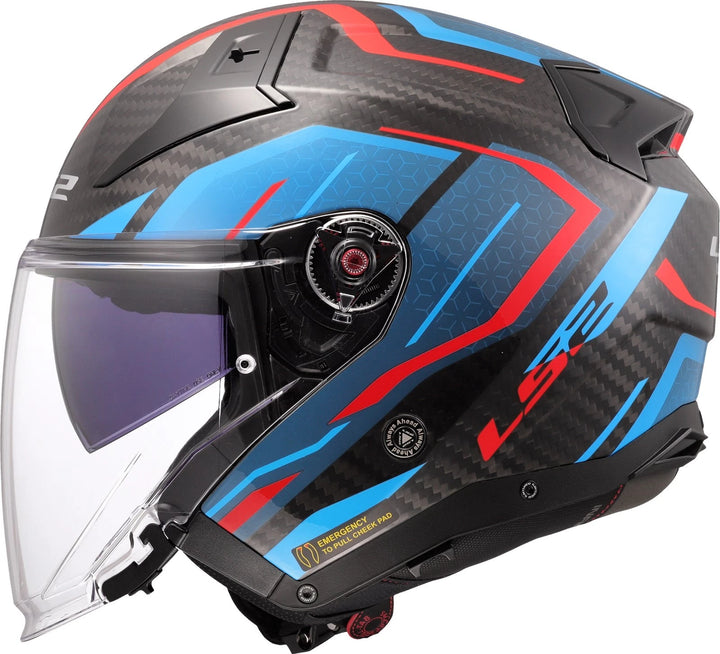 Casco Jet LS2 Infinity II - Carbon Urus Blu-Rosso Lucido